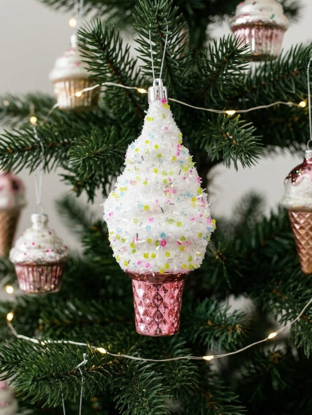 Pink Plastic Ice Cream Cone Christmas Ornament Fluffy Sprinkle Pastel Treat 5.5"